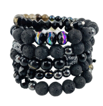 Black Wrap Stack Bracelet Swarovski Crystals Lava Rock Silver Tone Boho  - $39.99