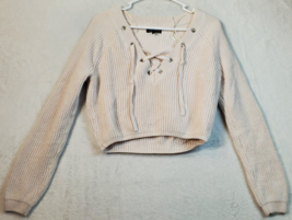 Kendall And Kylie Crop Sweater Womens XS Beige Cotton Long Sleeve Lace Up V Neck - £14.09 GBP