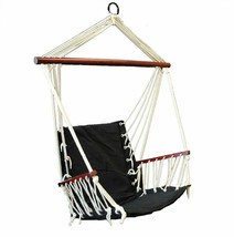 S4O Patio Swing Seat Hanging Hammock Cotton Rope Chair With Cushion Seat - Black - £35.51 GBP