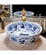 Bathroom Bowl Sink, Blue And White Ceramic Vessel Sink Above Counter, Qi... - £204.51 GBP