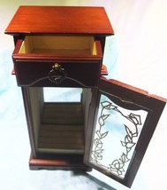 Vintage Oriental Wooden Jewelry Box with Carousel, Glass Door, Mirror and Drawer - £23.55 GBP
