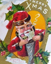 Santa Claus Christmas Postcard Holding Ring Stocking Smokes Pipe Sisters Delight - £7.29 GBP