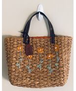 Amanda Smith Natural Straw Bag Purse Tote w/ Orange Flower Motif &amp; Liner - $26.73