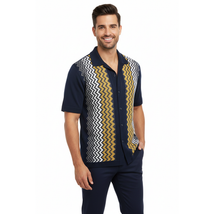 Mens Stacy Adams Italian Style Knit Woven Shirt Short Sleeves 3118 Navy Blue image 7