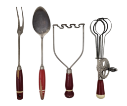 Vintage A&amp;J Serving Spoon Red Wood Handle  / Fork / Egg Beater / Masher Set of 4 - £27.48 GBP