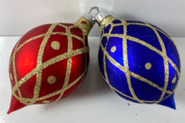 Vintage Lot 2 Purple Red Gold Glitter Teardrop Shaped Glass Ornaments - $22.76