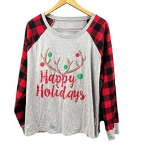 Christmas Women Shirt 3X Long Sleeve Reindeer Happy Holidays Red Plaid G... - £10.20 GBP