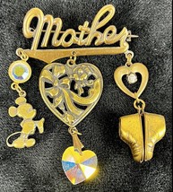 Vintage Mother Brooch Bar Pin Large Disney Mickey Dangle Gilt Heart Rhinestone - £18.25 GBP