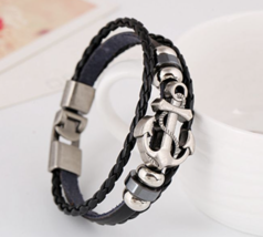 New Men’s Black &amp; Silver Color Anchor and Beaded Charm Leather Bracelet - £9.31 GBP