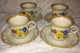 Fresh Floral EC405 by Mikasa Garden Club Coffee Cups- Set of 4 w/ Saucers 1970s - £16.51 GBP