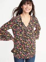 New Old Navy Black Floral Tie Neck Bell Sleeve Banded Peasant  Blouse Top S - £15.71 GBP