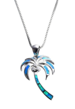 Mele 925 Sterling Silver Coconut Palm  Shape  Blue Fire Opal Pendant Necklace  - £10.41 GBP