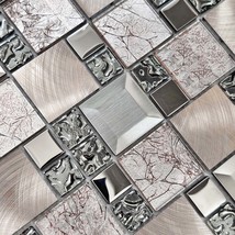 Glass &amp; Metal Tile Silver Bronze Mosaic Kitchen Backsplash Bathroom Wall... - $14.95+