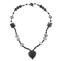 BLACK &amp; WHITE Art Glass Bead Necklace With HEART Pendant  - £6.75 GBP