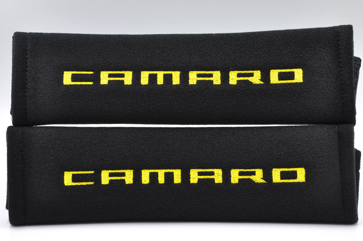 Embroidery Seat Belt Cover Soft Yellow on Black Pads Pair For Chevrolet Camaro - $10.35