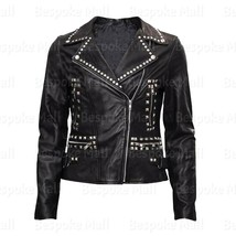 New Women&#39;s Brando Full Black Silver Studded Punk Cowhide Leather Jacket... - $199.99