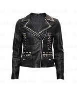 New Women&#39;s Brando Full Black Silver Studded Punk Cowhide Leather Jacket... - $199.99