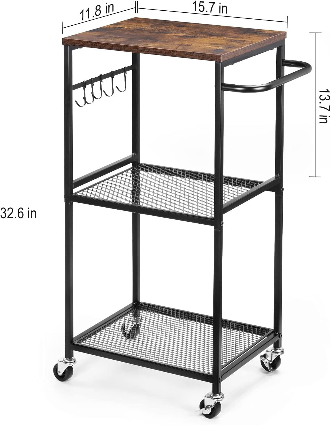 Rustic Brown Nananardoso 3-Tier Mesh Utility Rolling Pantry Cart With ...