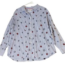 Boden Maria Lovely Embroidered Blue Striped Stars Collared Long Sleeve Blouse 14 - £23.56 GBP