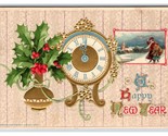 New Year Calligraphy Clock Holly Embosed Gilt Ed Lowey DB Postcard V17 - $4.90