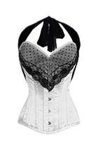 White Satin Black Net Halter Neck Halloween Costume Longline Overbust Corset Top - £46.89 GBP