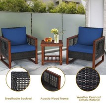 3-PC Patio Furniture Set Bistro Wicker Wood Cushion Brown Navy Blue Table Chairs - £244.00 GBP