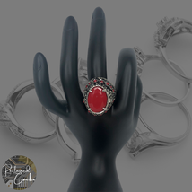 Womens Red Oval Faux Stone Rhinestones Silver Tone Alloy Boho Cocktail Ring Sz 9 - £15.69 GBP