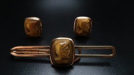 Antique Mens Art Deco Tiger&#39;s Eye Roman Soldier Heavy 12k Gf Cufflinks Tie Clip - £63.08 GBP