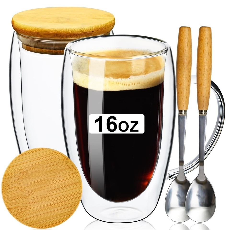 Insulated Double Wall 16OZ Coffee Mugs Set of 2 with Bamboo Lid &amp; Spoon - $15.90
