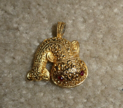 Vintage Gold Tone Metal Red Rhinestones Fish Pendant 1 1/4&quot; Wide - $18.81