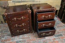 Bespoke Set Of Chestnut Brown Leather Draws Side Table Trunk - £831.69 GBP