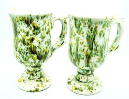 Set of 2 Painted Footed Coffee Mugs Cups Green Speckled Spotted Mod retr... - £23.69 GBP