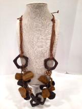 Chunky Wood Vintage Necklace 32 Inch  Copper Beige Brown Leather Cord - £13.38 GBP