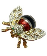 Red Black Stripe Enamel Bee Pin Brooch Gold Tone Crystals - $22.79 CAD