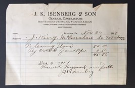 J.K. Isenberg &amp; Son General Contractors Billhead 1917 Altoona Pennsylvania - £15.71 GBP