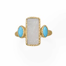 14K Yellow Gold Plated Rectangle Druzy and Synthetic Turquoise Three Stones Ring - £101.93 GBP