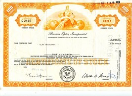 Vintage Precision Optics Incorporated Stock Certificate- 1976 100 Shares - $9.47