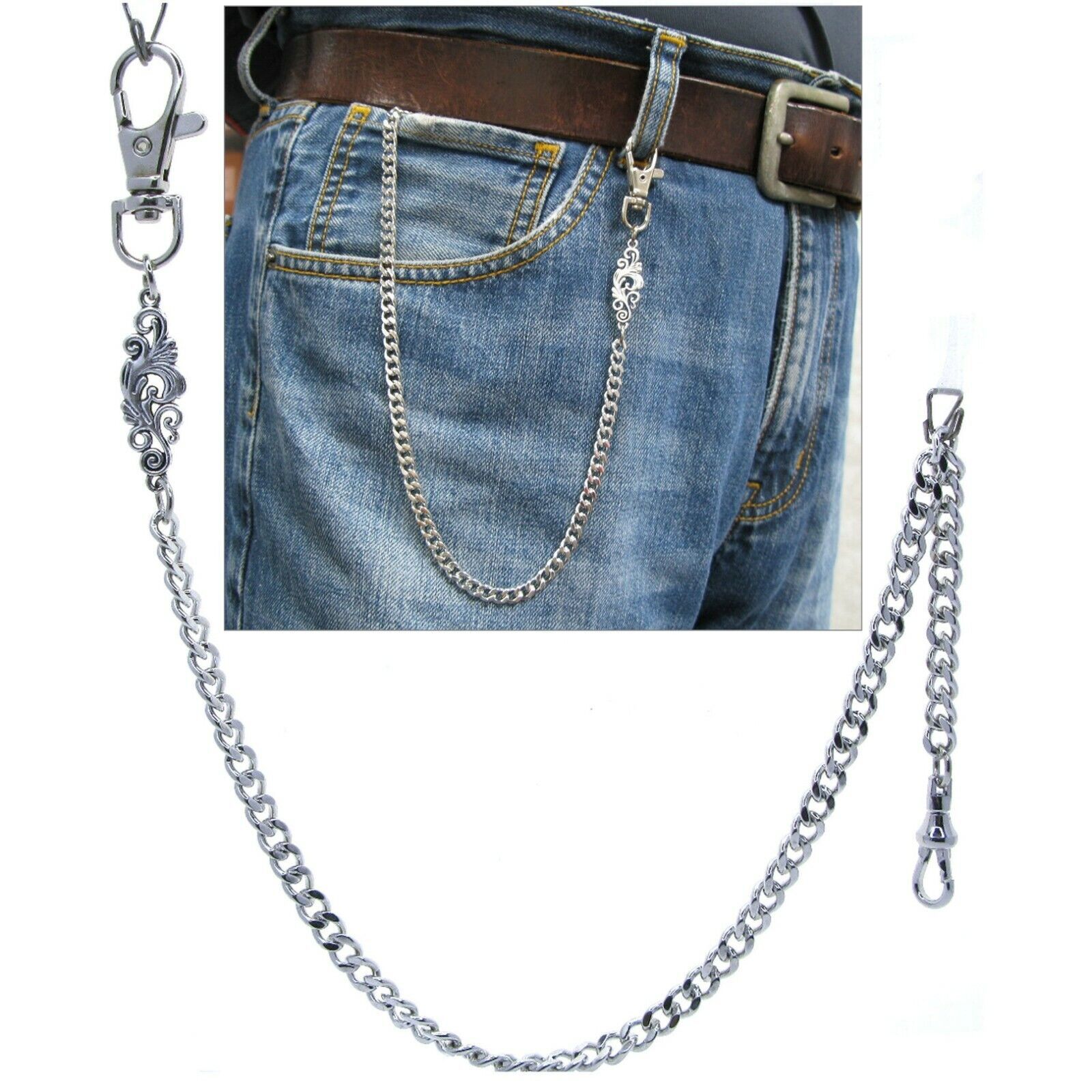 Pocket Watch Chain Silver Albert Chain Classic Fob Swivel Clasp Lobster ... - $15.99