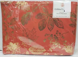 Set Of 4 Same Printed Fabric Placemats (13&quot; X 18&quot;) Gilded Leaves On Orange, Bm - £18.19 GBP