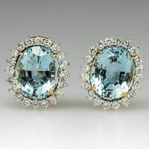 Boucles d&#39;oreilles halo de diamants aigue-marine taille ovale de 5,00 ct,... - £89.81 GBP
