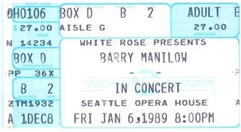 Barry Manilow Ticket Stub Janvier 6 1989 Seattle Washington - £32.61 GBP