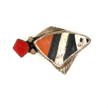 Vtg Sign Sterling Inlay Multi Color Enamel Coral Stone Fish Shape Brooch Pendant - £73.95 GBP