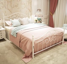 Queen, Grayish White Metal Bed Frame With Vintage Headboard And Footboard - £138.89 GBP