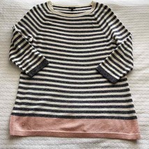 XL Talbots Blue and White Striped 3/4 Sleeve Crewneck Sweater with Pink at Hem - £26.24 GBP