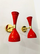 Brass Wall Sconce Pair Red Color Italian Mid century Sconces Wall Light Fixtures - £100.90 GBP