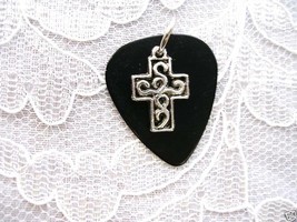 Black Guitar Pick W Scroll Cross Charm Pendant Necklace - $4.99