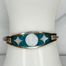 Vintage Alpaca Silver Tone Mother of Pearl Shell Inlay Hinge Bangle Bracelet - £19.78 GBP