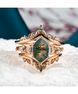 Luxury Long Hexagon Moss Agate Wedding Ring Set - $700.00+