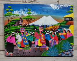 Vintage Tigua Ecuador Folk Art Painting on Sheepskin Signed Javier Cuyo 7.75&quot;x6&quot; - £29.99 GBP