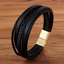 XQNI Trendy Men Jewelry Popular Black Color Genuine Leather Bracelet Multi-layer - £10.16 GBP